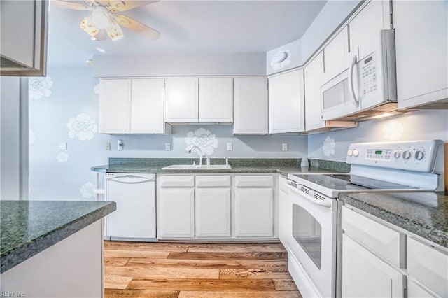7720 Dunfield Pl Unit A3, Norfolk, VA 23505 - kitchen featuring white appliances, a sink, white cabinetry, light wood finished floors, and ceiling fan