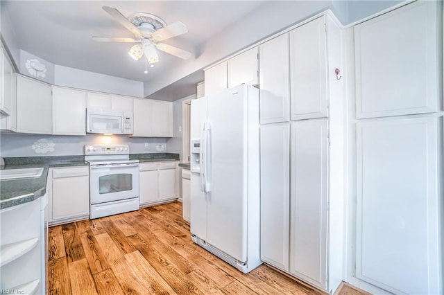 7720 Dunfield Pl Unit A3, Norfolk, VA 23505 - kitchen with white appliances, dark countertops, white cabinets, light wood finished floors, and ceiling fan