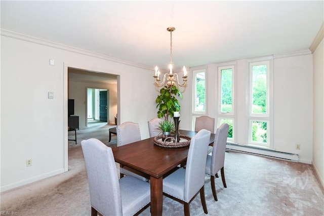 5209 Studeley Ave, Norfolk, VA 23508 - dining room with a baseboard radiator, a chandelier, light colored carpet, baseboards, and crown molding