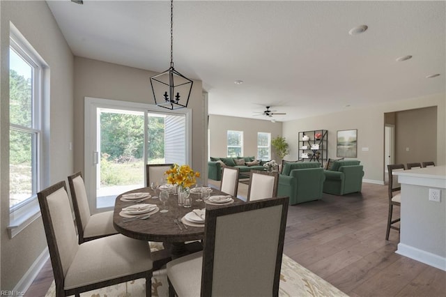 23041 Calvin Dr, Franklin, VA 23851 - dining room featuring a chandelier, light wood-style floors, baseboards, and a ceiling fan