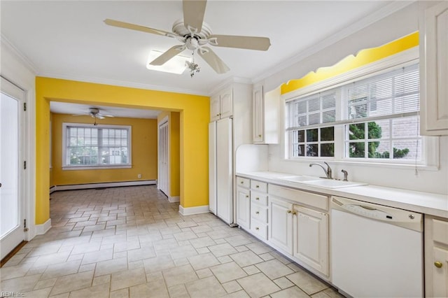 3403 Chesapeake Ave, Hampton, VA 23661 - kitchen featuring white dishwasher, baseboard heating, a sink, baseboards, and ornamental molding