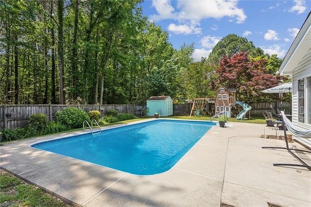 107 Benson Dr, Hampton, VA 23664 - view of swimming pool with a playground, a fenced backyard, a patio, and a water slide