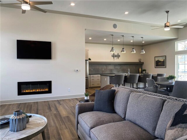 2300 Venture Way Unit B, Suffolk, VA 23434 - living room with a ceiling fan, dark wood finished floors, recessed lighting, a glass covered fireplace, and baseboards