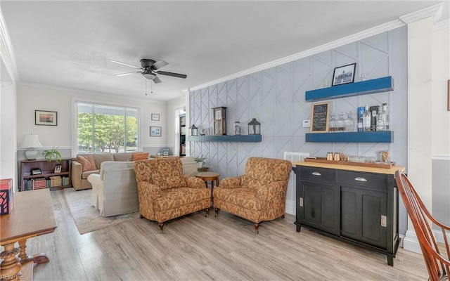 4201 Newport Ave, Norfolk, VA 23508 - living room with a ceiling fan, light wood-style flooring, and crown molding