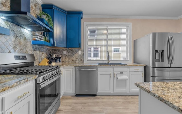 4201 Newport Ave, Norfolk, VA 23508 - kitchen featuring stainless steel appliances, a sink, wall chimney range hood, crown molding, and light wood-style floors