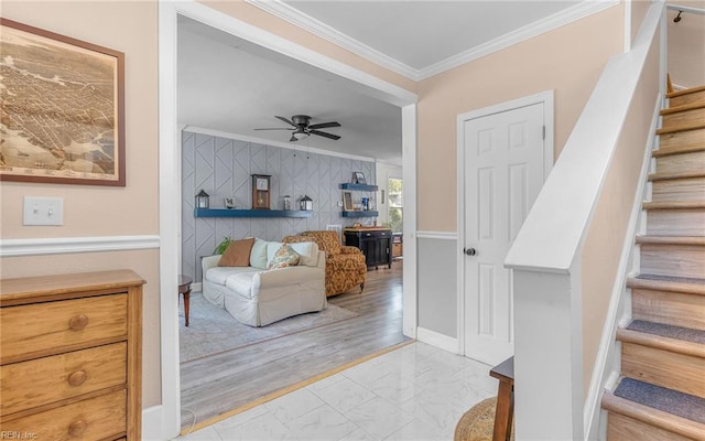 4201 Newport Ave, Norfolk, VA 23508 - staircase with marble finish flooring, ceiling fan, and crown molding