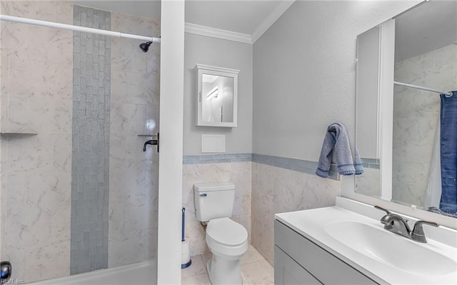 4201 Newport Ave, Norfolk, VA 23508 - bathroom featuring ornamental molding, toilet, vanity, a tile shower, and tile walls