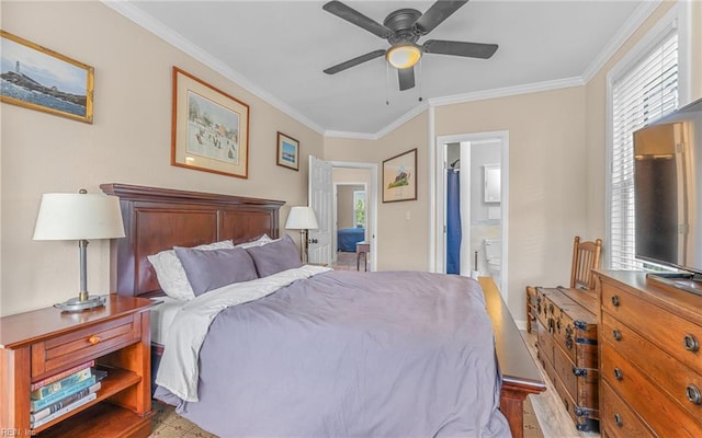 4201 Newport Ave, Norfolk, VA 23508 - bedroom featuring crown molding, light wood-style floors, ensuite bath, ceiling fan, and baseboards