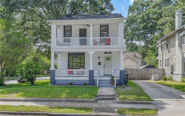 4201 Newport Ave, Norfolk, VA 23508 - view of front facade with a balcony, covered porch, ceiling fan, and a chimney
