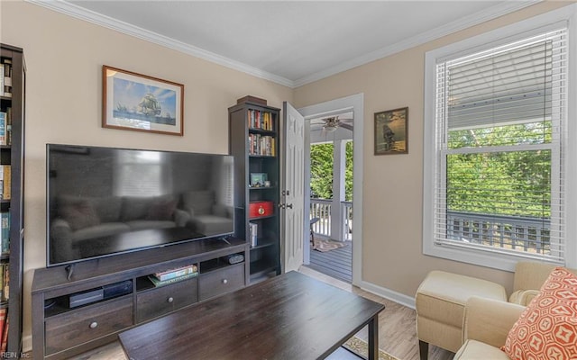 4201 Newport Ave, Norfolk, VA 23508 - living room featuring ornamental molding, wood finished floors, a ceiling fan, and baseboards