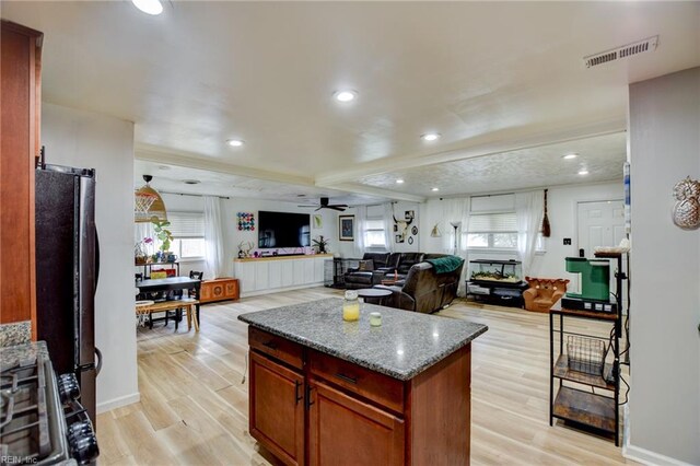 3521 Wayne St, Virginia Beach, VA 23452 - kitchen with freestanding refrigerator, ceiling fan, light wood-style floors, a center island, and recessed lighting