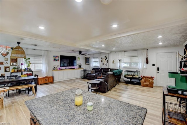 3521 Wayne St, Virginia Beach, VA 23452 - living room featuring light wood finished floors, ceiling fan, and recessed lighting