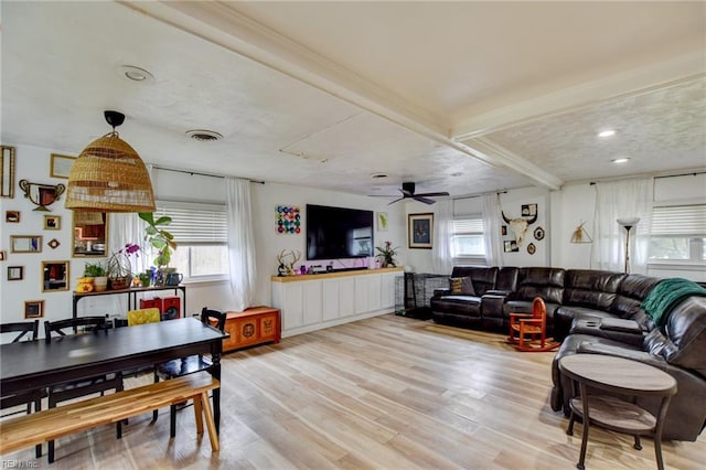 3521 Wayne St, Virginia Beach, VA 23452 - living room featuring healthy amount of natural light, light wood-style floors, ceiling fan, beam ceiling, and recessed lighting