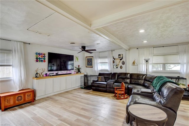 3521 Wayne St, Virginia Beach, VA 23452 - living area featuring light wood-style flooring, beamed ceiling, a ceiling fan, and recessed lighting