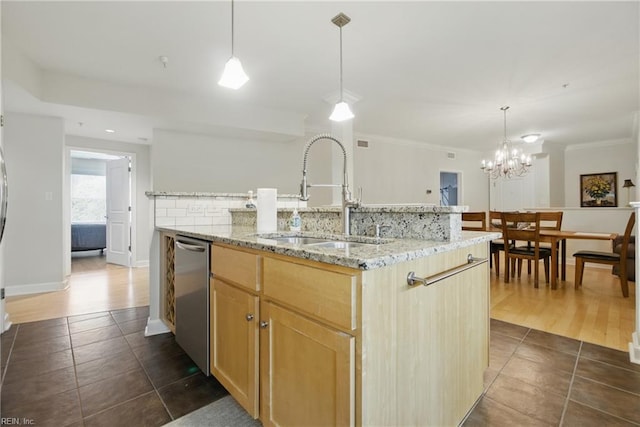4250 Granby St Unit 109, Norfolk, VA 23504 - kitchen featuring a sink, dishwasher, dark tile patterned floors, a center island with sink, and ornamental molding