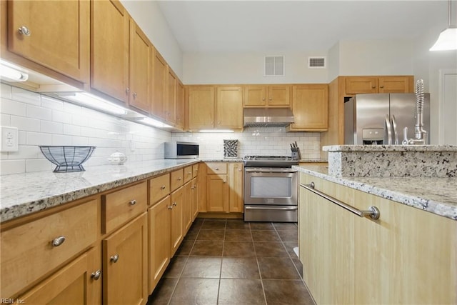 4250 Granby St Unit 109, Norfolk, VA 23504 - kitchen with stainless steel appliances, under cabinet range hood, light stone counters, tasteful backsplash, and dark tile patterned flooring