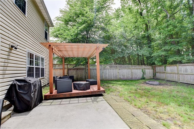 1757 Brigands Way, Virginia Beach, VA 23453 - fenced backyard with a pergola, a deck, a patio, a fire pit, and a grill