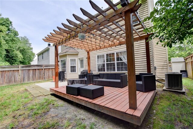 1757 Brigands Way, Virginia Beach, VA 23453 - wooden deck featuring a fenced backyard, an outdoor hangout area, central AC unit, and a pergola