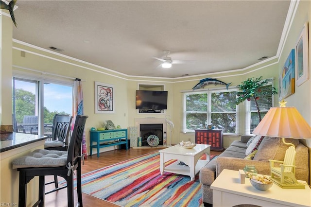 1026 High Dunes Quay Quay Unit 201, Hampton, VA 23664 - living room featuring ceiling fan, plenty of natural light, crown molding, wood finished floors, and a fireplace