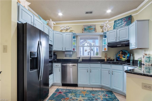 1026 High Dunes Quay Quay Unit 201, Hampton, VA 23664 - kitchen with fridge with ice dispenser, stainless steel dishwasher, a sink, under cabinet range hood, and open shelves