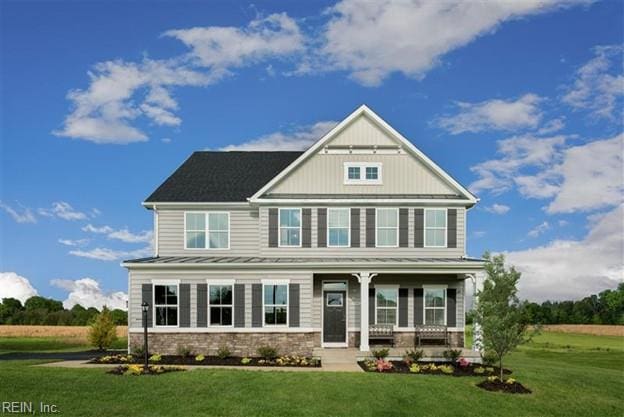 1501 Bogue St, Chesapeake, VA 23322 - craftsman-style home featuring a porch, a front yard, and stone siding