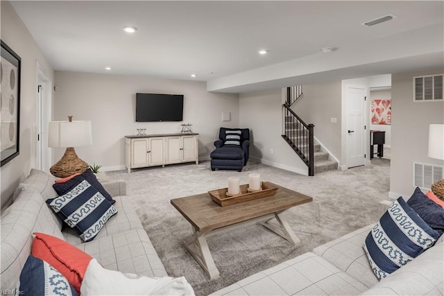 1501 Bogue St, Chesapeake, VA 23322 - living room with stairs, light carpet, recessed lighting, and baseboards