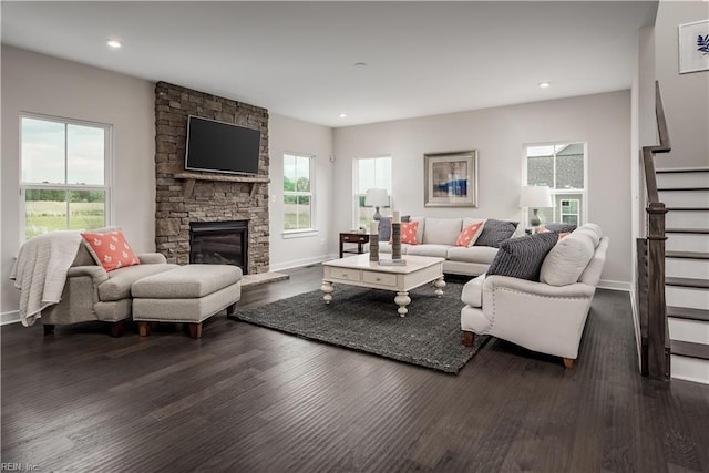 1501 Bogue St, Chesapeake, VA 23322 - living area featuring stairs, healthy amount of natural light, dark wood finished floors, and recessed lighting