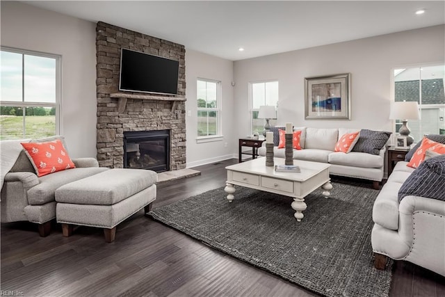 1501 Bogue St, Chesapeake, VA 23322 - living room with wood finished floors, a stone fireplace, recessed lighting, and baseboards
