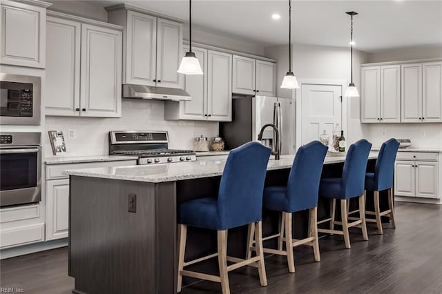 1501 Bogue St, Chesapeake, VA 23322 - kitchen featuring appliances with stainless steel finishes, under cabinet range hood, backsplash, dark wood-type flooring, and an island with sink
