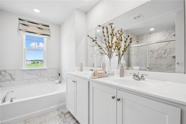 3031 Dalton Cir, Suffolk, VA 23435 - bathroom featuring double vanity, a bath, marble look tile flooring, a marble finish shower, and recessed lighting