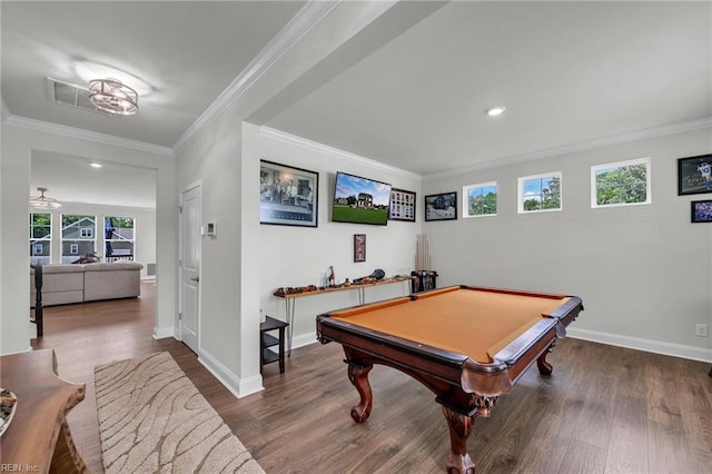 3001 Brylie Ct, Suffolk, VA 23435 - game room featuring plenty of natural light, wood finished floors, crown molding, pool table, and recessed lighting