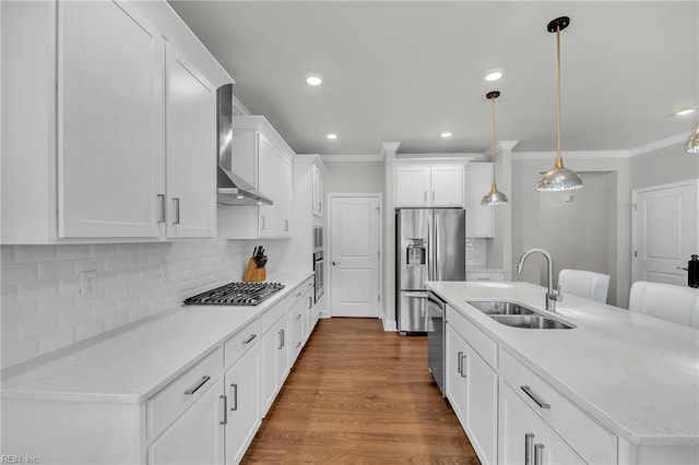 3001 Brylie Ct, Suffolk, VA 23435 - kitchen with a sink, stainless steel appliances, crown molding, wall chimney range hood, and white cabinetry