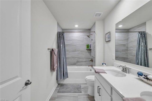 3001 Brylie Ct, Suffolk, VA 23435 - full bathroom with double vanity, shower / bath combination with curtain, toilet, baseboards, and recessed lighting
