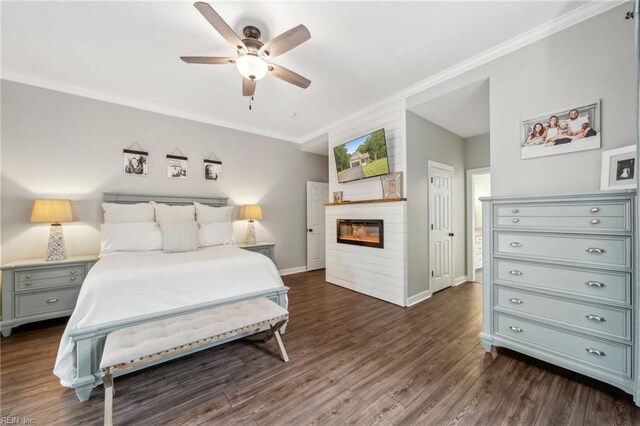 183 Belle Aire Dr, Hardyville, VA 23070 - bedroom featuring crown molding, baseboards, dark wood finished floors, a fireplace, and ceiling fan
