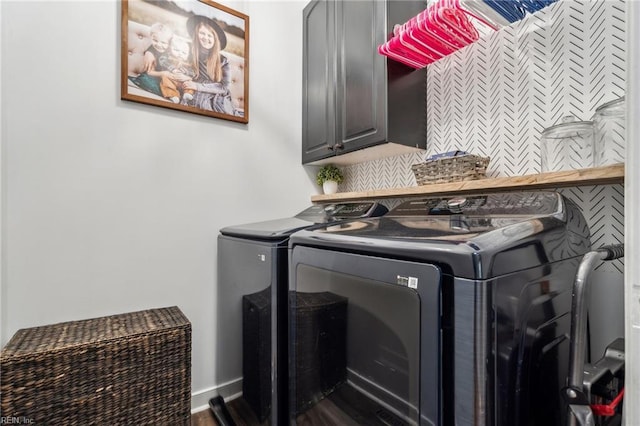 183 Belle Aire Dr, Hardyville, VA 23070 - laundry room with washing machine and clothes dryer, cabinet space, dark wood-style floors, and baseboards