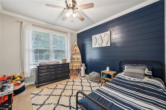 183 Belle Aire Dr, Hardyville, VA 23070 - bedroom with crown molding, light colored carpet, baseboards, ceiling fan, and wood walls