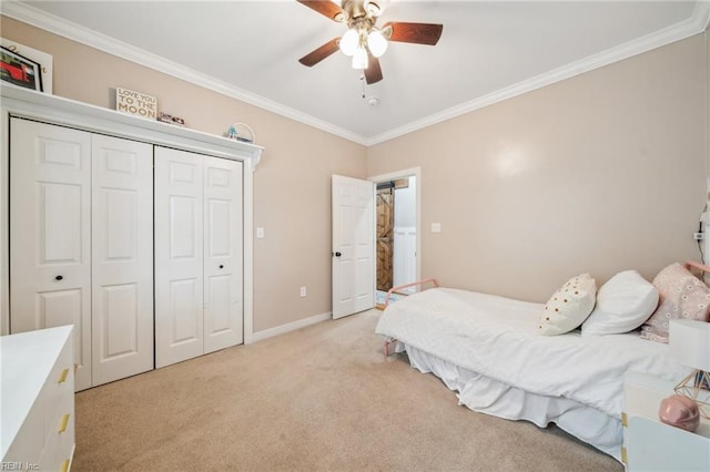183 Belle Aire Dr, Hardyville, VA 23070 - bedroom featuring ornamental molding, light colored carpet, a closet, baseboards, and ceiling fan