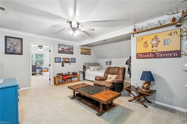 183 Belle Aire Dr, Hardyville, VA 23070 - carpeted living area featuring ceiling fan, ornamental molding, baseboards, and vaulted ceiling