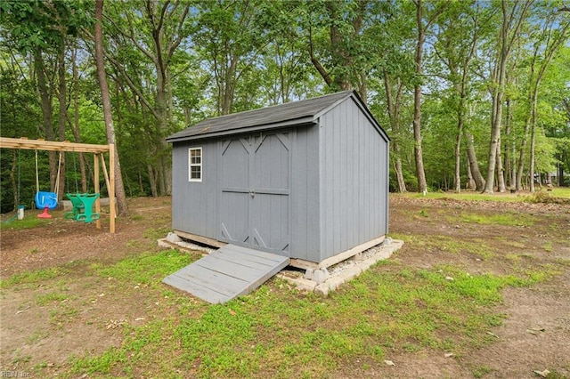183 Belle Aire Dr, Hardyville, VA 23070 - view of shed with view of wooded area and a playground