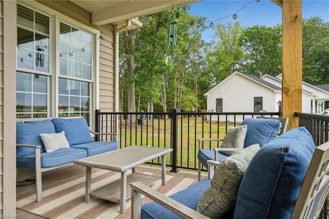 183 Belle Aire Dr, Hardyville, VA 23070 - view of wooden balcony featuring an outdoor hangout area and a wooden deck