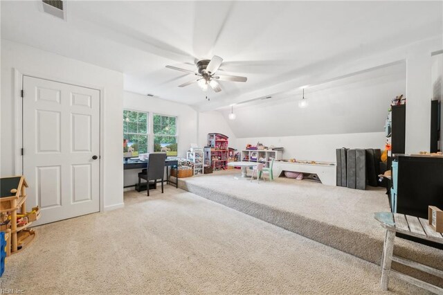 183 Belle Aire Dr, Hardyville, VA 23070 - playroom with lofted ceiling, a desk, ceiling fan, and carpet