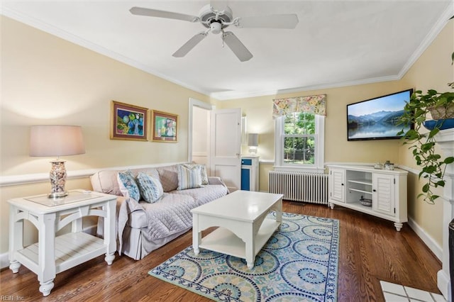28 Shirley Rd, Newport News, VA 23601 - living room featuring radiator, a ceiling fan, crown molding, and dark wood-style floors