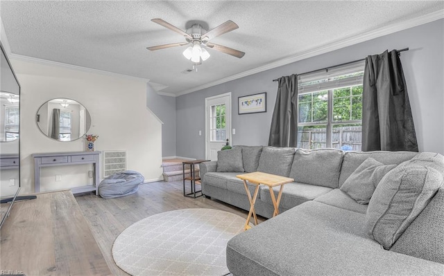 403 Joel Ct, Newport News, VA 23608 - living area with wood finished floors, a ceiling fan, crown molding, a textured ceiling, and baseboards
