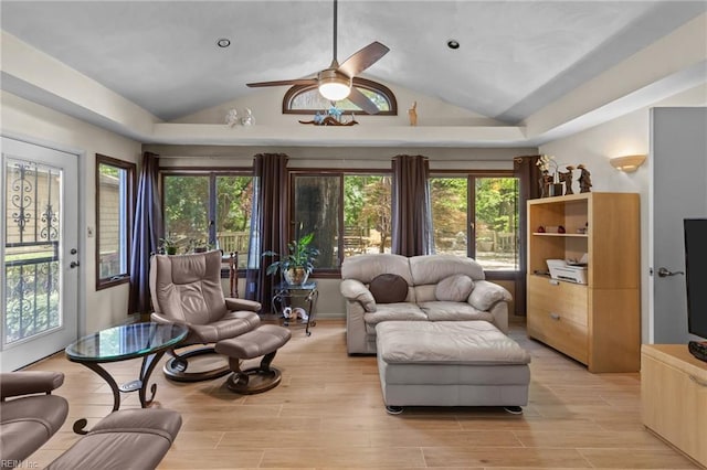 224 Iroquois Rd, Virginia Beach, VA 23462 - living room with lofted ceiling, a ceiling fan, healthy amount of natural light, and light wood-style flooring