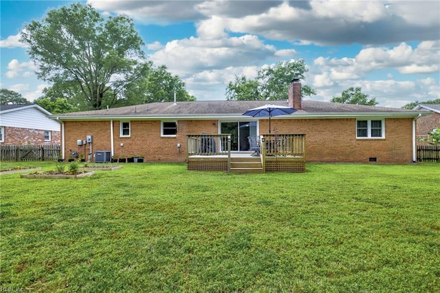4680 Miles Standish Rd, Virginia Beach, VA 23455 - rear view of property with a chimney, crawl space, brick siding, central air condition unit, and a wooden deck