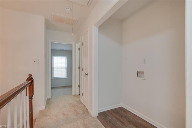 926 Pheasant Run, Williamsburg, VA 23188 - corridor with attic access, baseboards, and wood finished floors