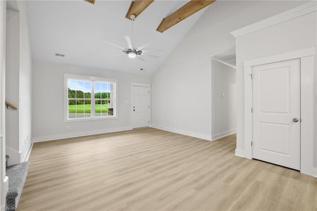 1064 Tulls Creek Rd, Moyock, NC 27958 - unfurnished living room featuring beam ceiling, a ceiling fan, high vaulted ceiling, baseboards, and light wood-type flooring