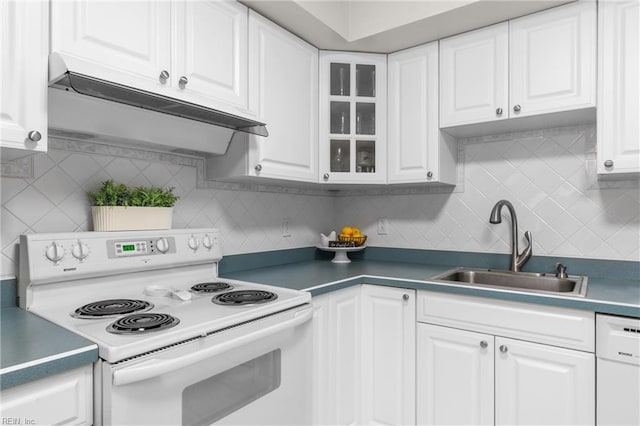 3934 Whispering Oaks Pl, Virginia Beach, VA 23455 - kitchen with white appliances, under cabinet range hood, a sink, and white cabinets