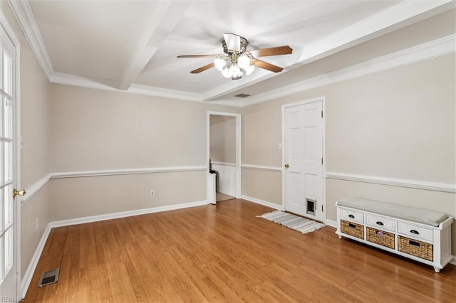 118 Cove Rd, Newport News, VA 23608 - spare room featuring ceiling fan, beamed ceiling, wood finished floors, baseboards, and ornamental molding