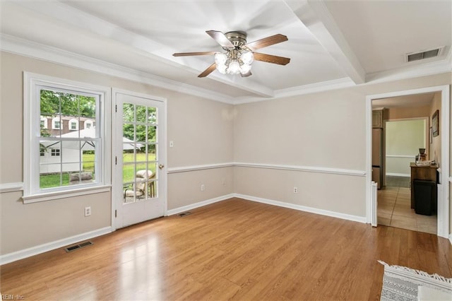 118 Cove Rd, Newport News, VA 23608 - unfurnished room featuring a ceiling fan, wood finished floors, beam ceiling, baseboards, and ornamental molding